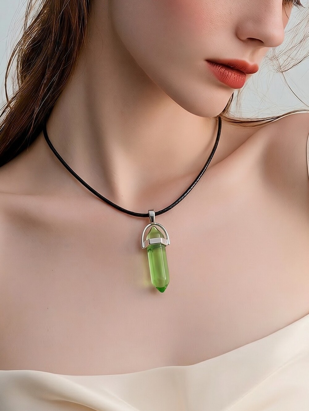 Peridot Quartz Hex Crystal Point Pendant Necklace Double Terminated Gemstone